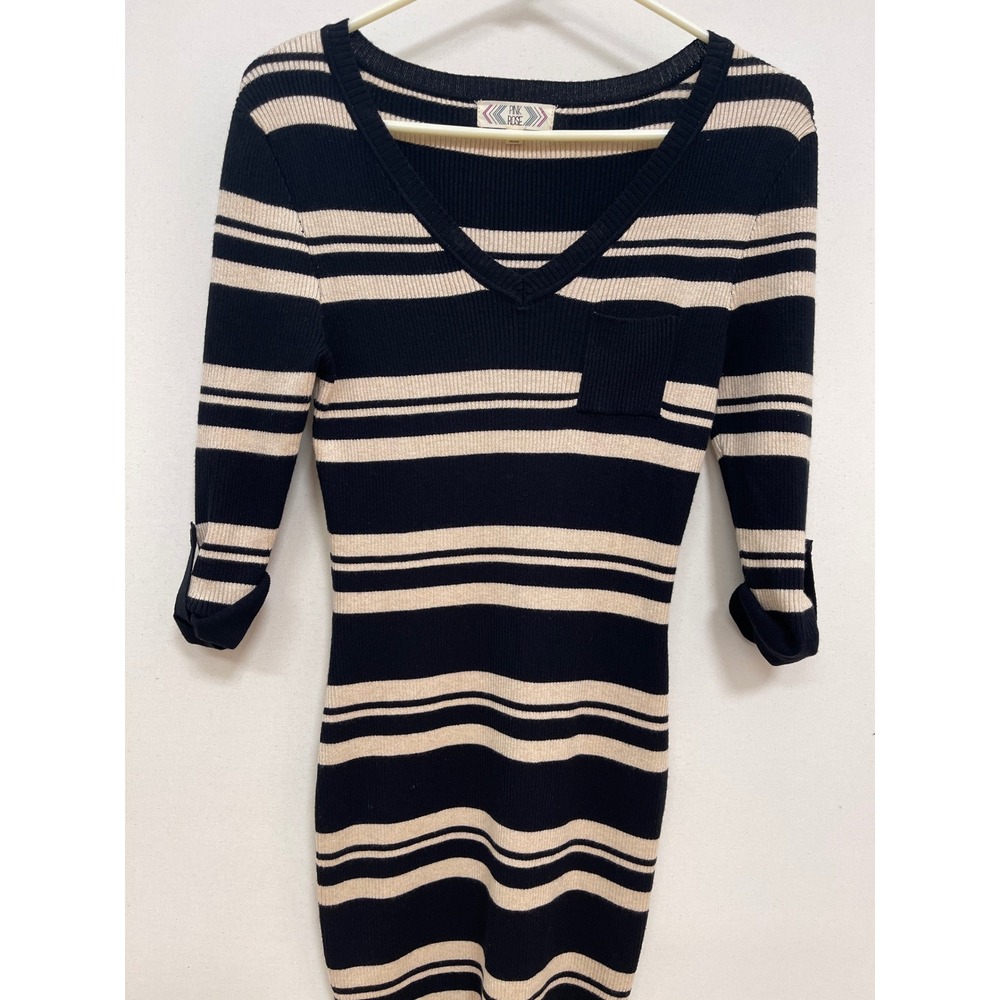 Pink Rose Striped Ribbed Knit V-Neck Dress Black Cream Roll Tab Sleeve Large